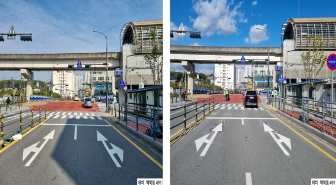 횡단보도와 차량정지선 이격거리를 5m로 확대한 처인구 역북동 491번지의 모습. 사진은 이격거리 확대 전(좌)과 확대 후(우)의 모습.