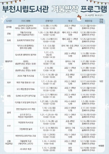 부천시립도서관 겨울방학 프로그램 안내 이미지